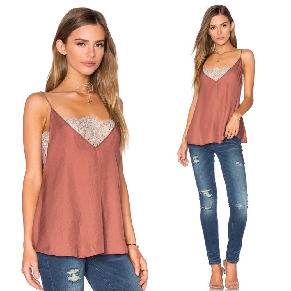 Free People Deep V Bandeau Top satin lace cami tank Copper rust cream XS